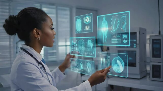 Futuristic black female doctor looking at x ray with AI technology to help diagnose featuring holographic - Powered by Adobe