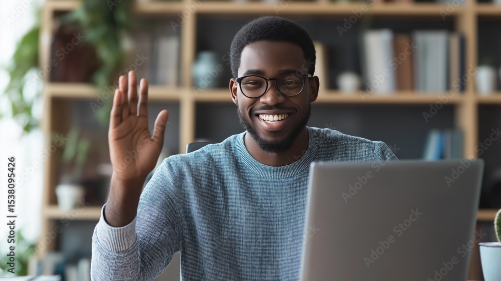 Poster smiling man waves hello while using laptop in modern work environment showcasing technology and conn