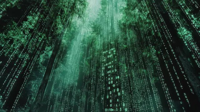 Digital forest merging nature with technology through binary code and towering trees in a serene atmosphere