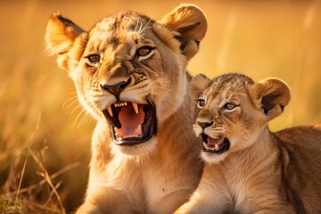 Obraz premium Lions display vocal communication in the savanna during golden hour