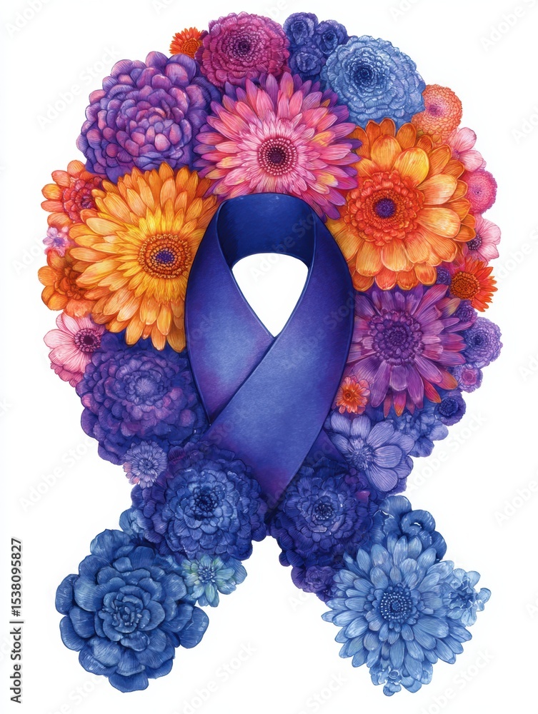 Poster support ribbon design arranged in a radial flower pattern featuring vibrant blooms and a deep purple