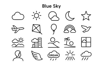 Fototapeta premium Blue Sky and Weather Line Icons Set. Blue sky, weather, nature, outdoor, climate, forecast, cloud, sun, moon, star, airplane, kite, balloon, rainbow, bird, mountain, city, landscape, island, window, 