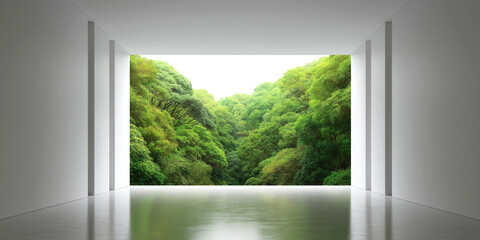 Fototapeta premium Modern white interior space with large opening to lush green forest, ideal for presentation background