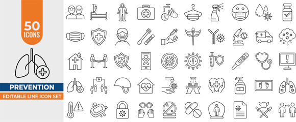 50 Editable Line Icons – Virus Prevention, Health Protection, Medical Safety, Hygiene, and Treatment. Vector Stroke Illustrations