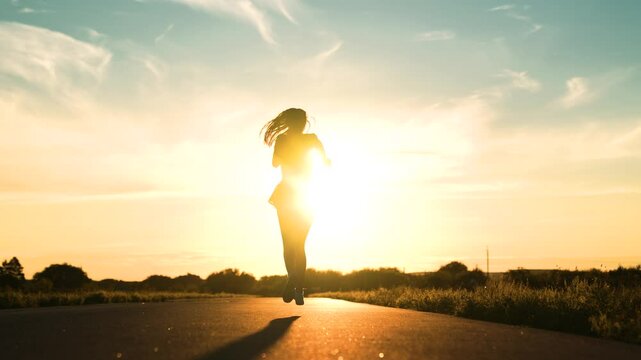 silhouette sports girl running legs along road sunset, challenging yourself, jogging on top at sunset, exercise road, runner fitness training, celebrating victory. woman race winner, practicing