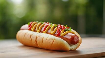 A hot dog resting on a wooden surface, topped with condiments and garnishes.  Out-of-focus background suggests an outdoor setting