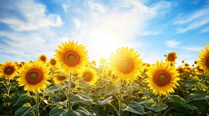 Obraz premium A breathtaking panoramic view of a sprawling sunflower field under a bright blue sky, with thousands of vibrant yellow blooms facing the sun, creating a cheerful landscape