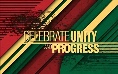 Celebrate Unity and Progress Text with Red Green Yellow Stripes on Abstract Grunge Background - Juneteenth