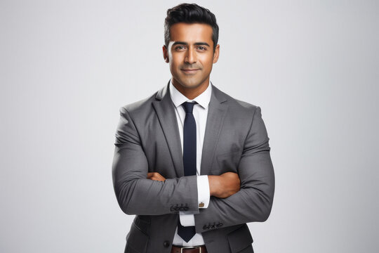 young indian businessman standing on isolated background