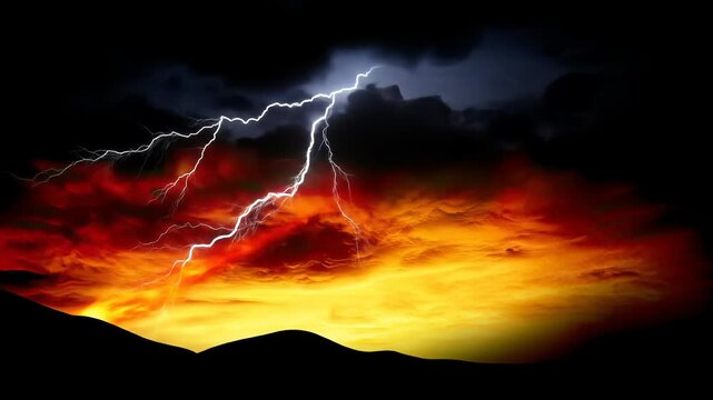 Dramatic Meteor Shower with Fiery Lightning Over Dark Mountain Silhouette in a Apocalyptic Scene Optimized for Adobe Stock Photo