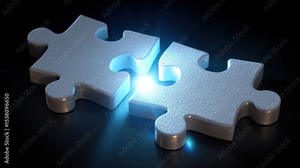 Fototapete two connected puzzle pieces glowing in the dark highlighting unity and connection