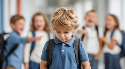 Sad Schoolboy Standing Alone While Other Children Laugh and Point – Bullying in School Concept