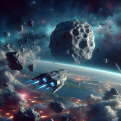 spaceship and asteroids in space. International Asteroid Day