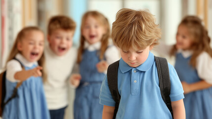 Sad Schoolboy Standing Alone While Other Children Laugh and Point – Bullying in School Concept