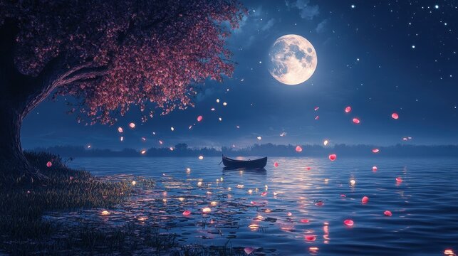 Enchanted Night Scene with a Tree, Moonlit Water, and a Solitary Boat - Powered by Adobe