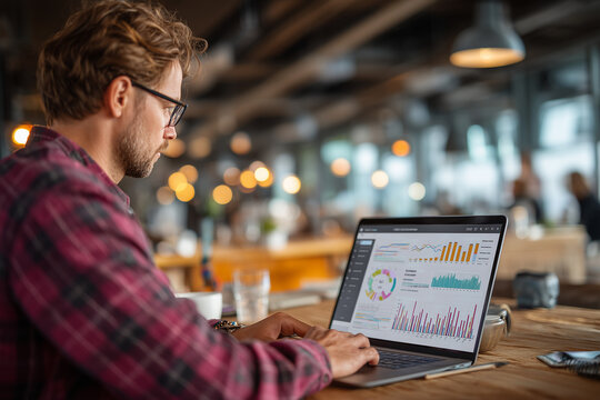 A young analyst studies charts and graphs on a laptop in a stylish cafe/coveted space. Warm bokeh lighting, a wooden table and a relaxed atmosphere speak of modern remote working, data-driven decision