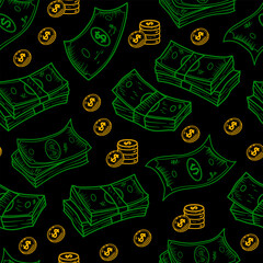 US dollar pattern background. Seamless pattern of the symbols of dollar currency background. Dollar sign pattern background. Dollar Doodle seamless pattern background. 