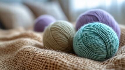 A still life of multi-colored balls of yarn, carefully arranged on textured fabric.