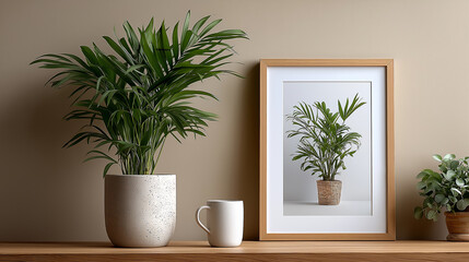 Empty natural wood frame against simple beige backdrop, perfect for posters, prints, or lifestyle branding, wooden frame, mockup, minimalist decor, beige background, interior design, wall art, poste

