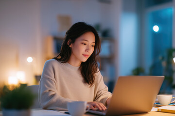 Young Woman Working on Laptop at Cozy Home Office with Warm Lighting