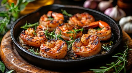 A captivating image of grilled shrimp sizzling in a cast-iron skillet, with fresh garlic and herbs, creating an enticing and aromatic culinary experience.