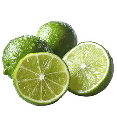 Whole and sliced limes isolated on transparent background. PNG.