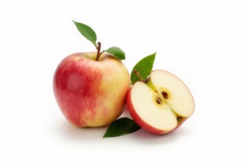 Fresh red Apple fruit with sliced and green leaves isolated on white background.