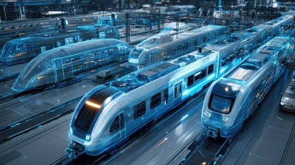Modern trains at a bustling station under blue lighting, showcasing advanced transportation technology.