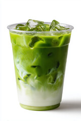 Refreshing Iced Matcha Latte with Milk in a Clear Plastic Cup on White Background