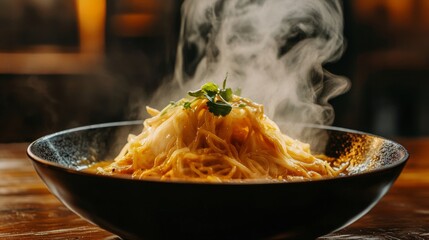 A captivating shot of rice noodles being gently tossed in a bowl of spicy curry sauce, with steam rising, illustrating the warmth and comfort of this traditional dish.