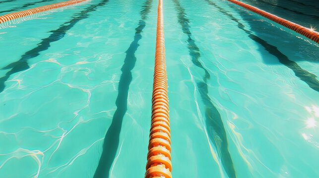 Floating swimming pool lane dividers on turquoise water surface with sunlight reflections and clear instructional chart details, showcasing clean aquatic sports environment, competition concept - Powered by Adobe
