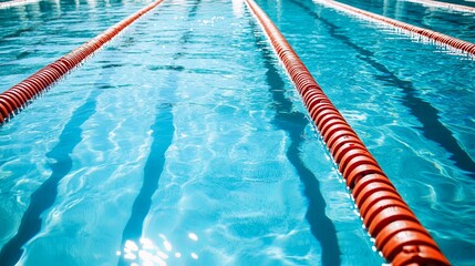 Floating swimming pool lane dividers on turquoise water surface with sunlight reflections and clear instructional chart details, showcasing clean aquatic sports environment, competition concept