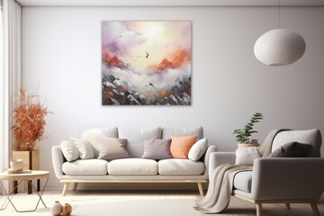 Modern living room featuring a colorful landscape painting and cozy furniture