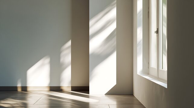 Fototapeta Ultra-detailed 3D rendering of minimalist interior with bright white wall and window casting soft sun rays and shadows on floor, clean empty space for product display, close-up