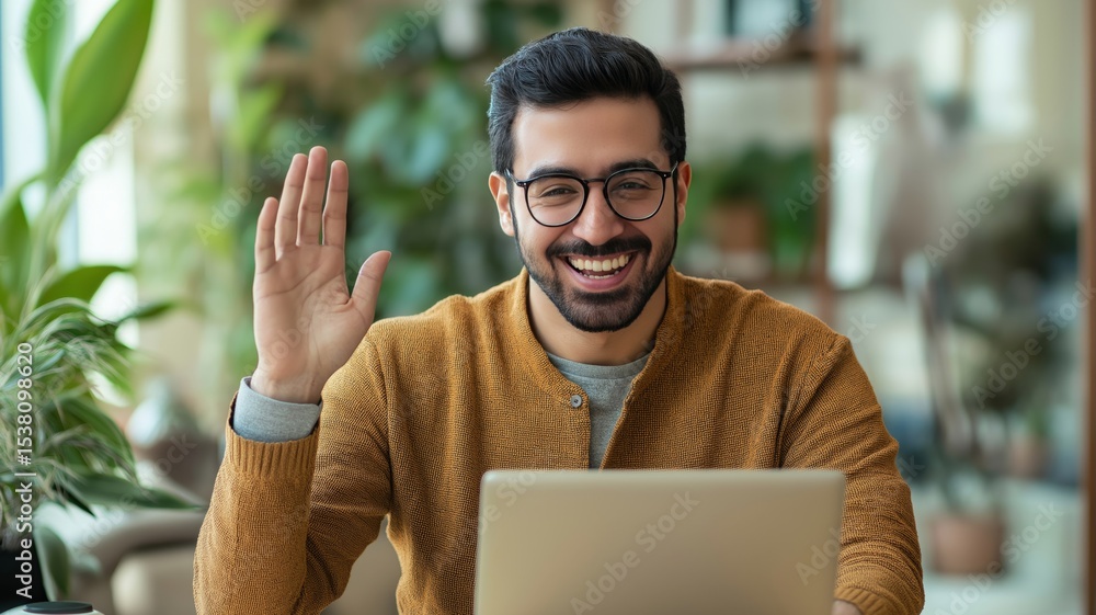 Poster engaging man waves hello while working on a laptop in an inviting workspace filled with plants