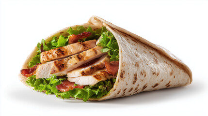 Close-Up of Fresh Grilled Chicken Wrap with Lettuce, Bacon, and Flatbread on White Background
