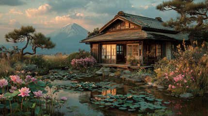 Obraz premium A wooden house japanese style and lotus pond , beautiful landscape and fuji mountain background.