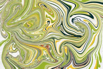 This abstract image features a vibrant and dynamic marbled swirl pattern dominated by shades of green, yellow, white, and hints of orange and dark blue