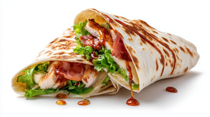 Close-Up of Fresh Grilled Chicken Wrap with Lettuce, Bacon, and Flatbread on White Background
