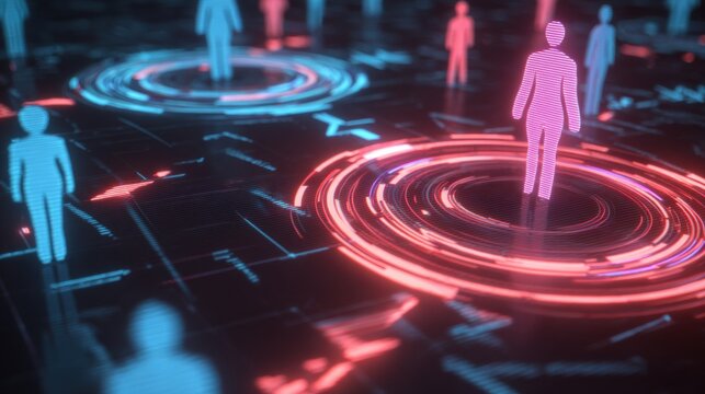 Futuristic digital interface with human silhouettes and glowing circular patterns