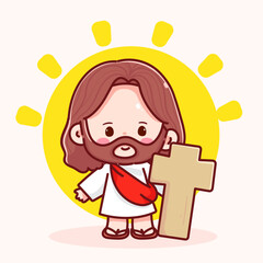 Cute Jesus Cartoon with wooden cross and Sunlight vector illustration