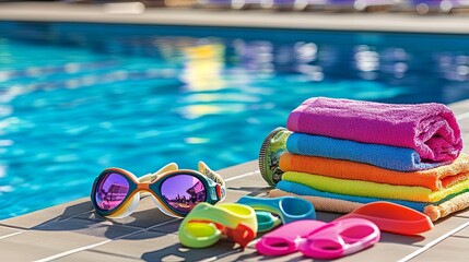 Colorful swimming gear including goggles, caps, flippers, and towels neatly arranged on a sunlit poolside deck with vivid water reflections, representing active lifestyle and aquatic sports preparatio