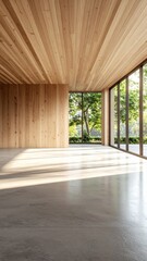 Modern Minimalist Interior Design with Natural Wood and Large Windows.
