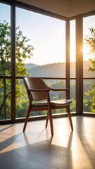 Fototapeta premium Serene Sunrise View from Modern Armchair in Minimalist Home.