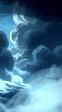 Expansive, dramatic stormy sky in abstract, painterly style with indigo, charcoal, prussian blue, and pearlescent white. Colossal clouds churn, billow with flowing brushstrokes. Slow crane video,