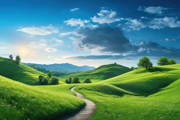 Fototapeta premium Beautiful rolling hills under a bright sky with clouds at sunrise over green landscape