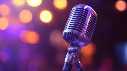 A classic vintage microphone with chrome detailing, positioned on a stage with blurred colorful lights in the background, creating a concert vibe.
