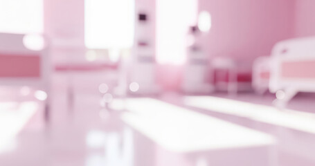Blurred hospital room interior with beds and equipment in pink toned light.