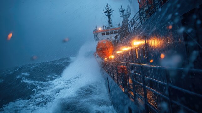 Ship navigating through stormy seas with waves crashing against its side - Powered by Adobe