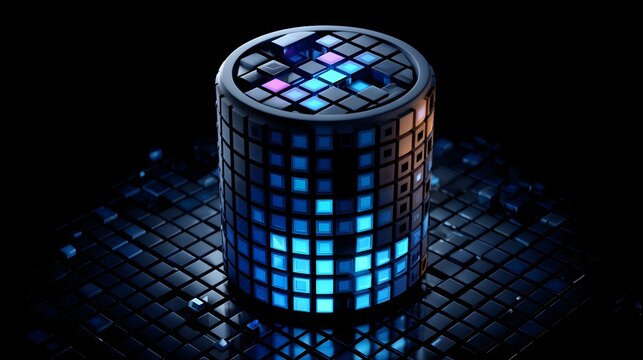 Digitaler Zylinder mit leuchtendem Pixelmuster und futuristischem Look

